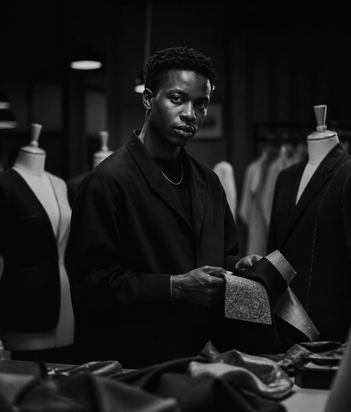 Zaire, founder of Vintage Society, in the atelier with fabric swatches